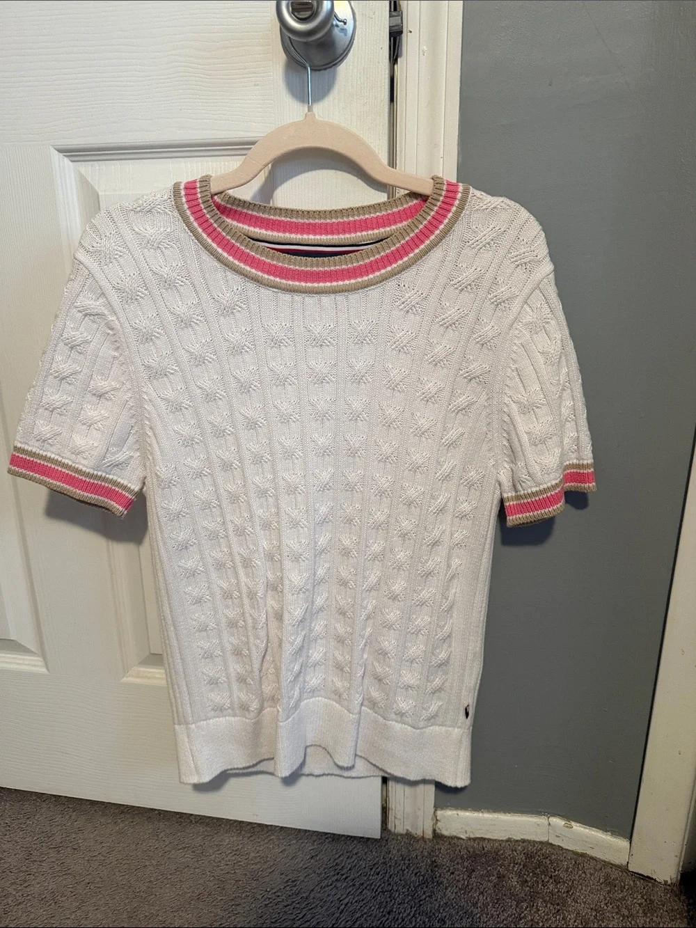 Tommy Hilfiger White Cable Knit Short-Sleeve Sweater with Pink Trim